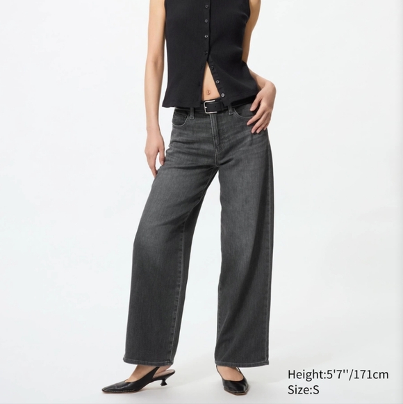 Uniqlo Pants - Uniqlo EZY Wide Straight Jeans (Grey, L)